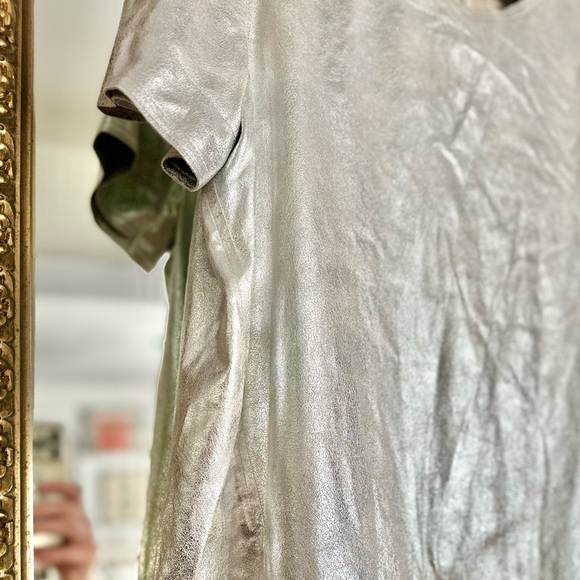 Donna Karan New York Foil Top T Shirt Leather Blouse Shirt Tee - Picture 4 of 4